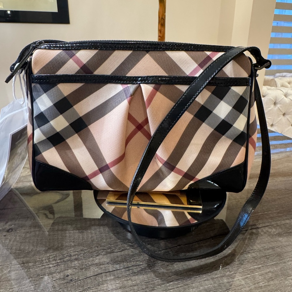 Authentic Burberry Nova Check Shoulder Bag with Patent Leather Trim